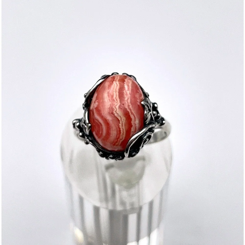 Vintage Pink Rhodochrosite Floral Ring Dainty Feminine‎ Jewelry